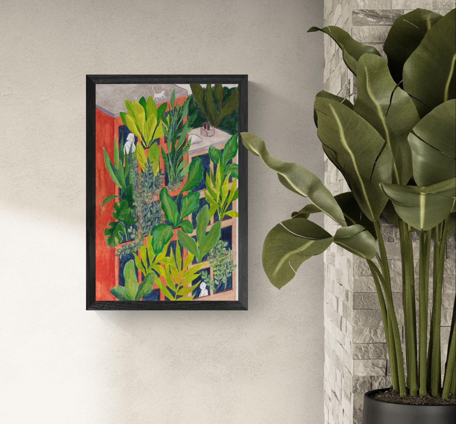 Bloom by Kim Timmermans – botanical illustration of lush green plants surrounding a terracotta building with small white figures at windows, whimsical and vibrant wall art available at Galerie Frits