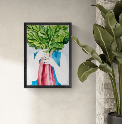 Surreal watercolor illustration of a person holding vibrant rhubarb leaves in front of their face, printed as a vertical giclée art print in rich green, pink, and blue tones, ideal for kitchen wall art and contemporary home décor.