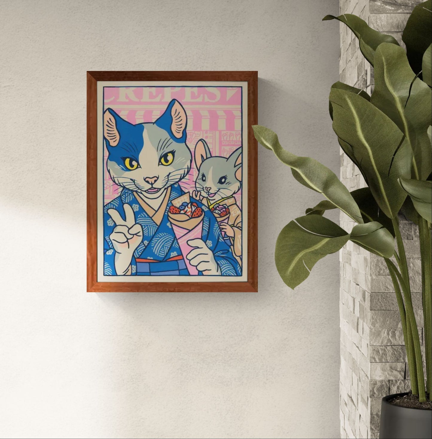 Playful pop-style illustration by Yeaaah! Studio featuring a stylish anthropomorphic cat and mouse in traditional Japanese kimonos, enjoying crepes and posing for a selfie in a colorful Harajuku street scene. A vibrant fusion of kawaii culture and retro comic art—perfect for fans of Japan-inspired, quirky wall decor