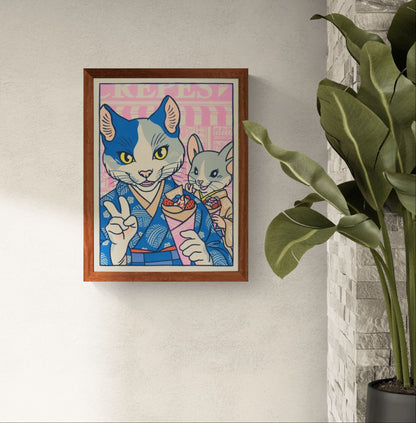 Playful pop-style illustration by Yeaaah! Studio featuring a stylish anthropomorphic cat and mouse in traditional Japanese kimonos, enjoying crepes and posing for a selfie in a colorful Harajuku street scene. A vibrant fusion of kawaii culture and retro comic art—perfect for fans of Japan-inspired, quirky wall decor