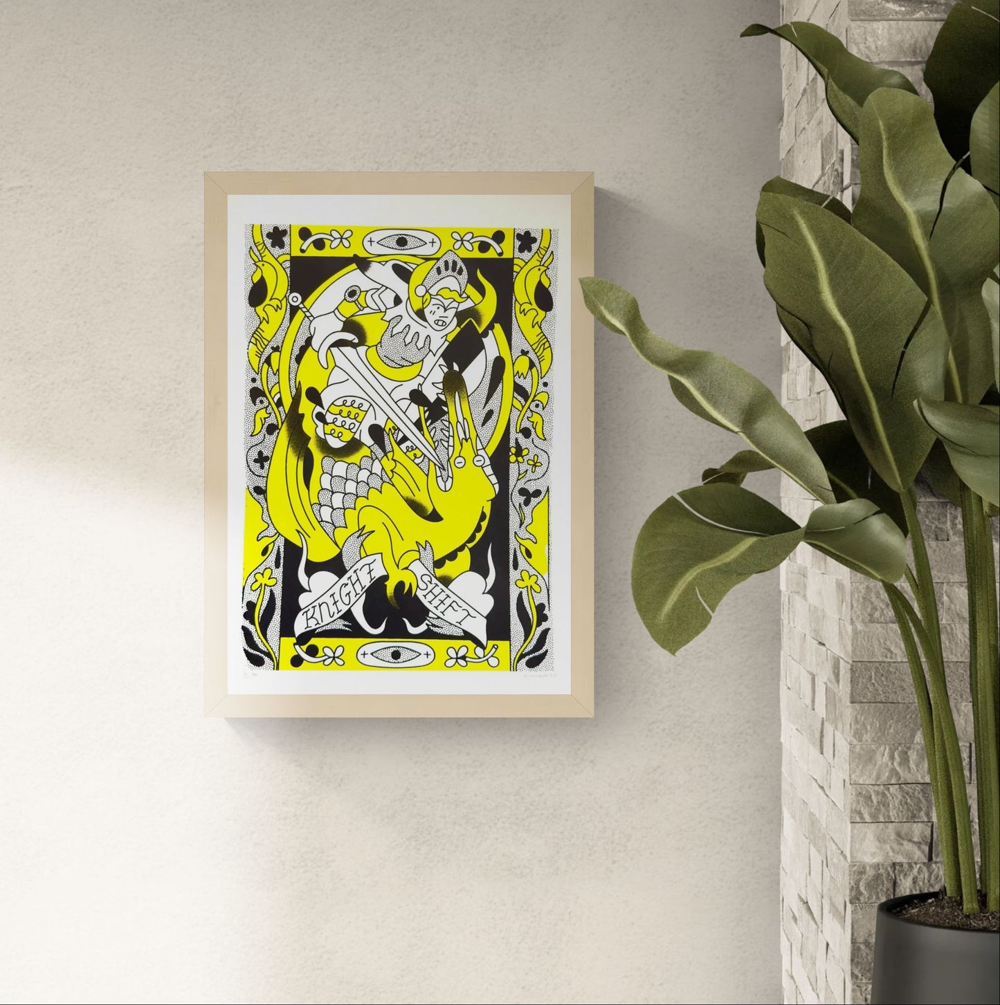 Vibrant A3 screen print Knight Shift by Auwnanas featuring a playful knight battling a stylized dragon in bold yellow and black tones, surrounded by decorative medieval-inspired patterns. Limited edition artwork with strong graphic lines, ideal for modern art collectors in Belgium, the Netherlands, France, and Germany.