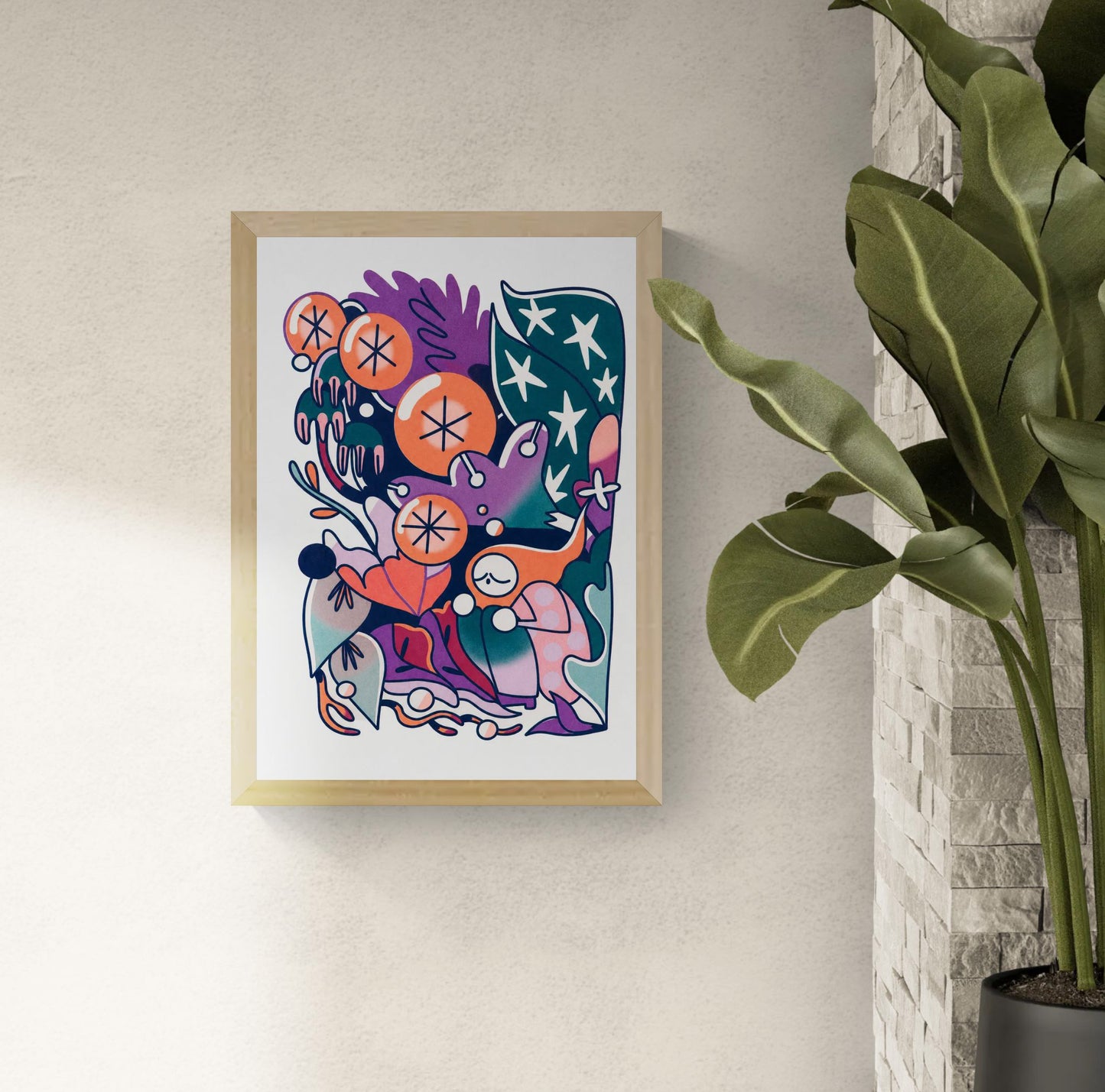 Rain Forest by Auwnanas, vertical A3 risograph art print featuring a small figure surrounded by oversized orange fruit, tropical leaves and playful creatures in teal, purple, pink and navy, ideal for colourful modern wall decor.