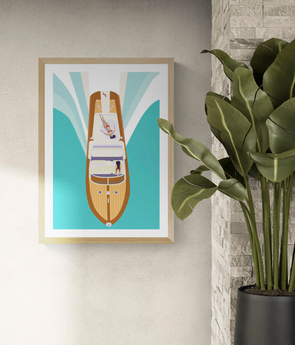 Illustration of two women on a luxury boat cruising through turquoise waters, viewed from above – minimalist summer art print by Floor 4 Productions, perfect for lovers of travel, vacation vibes, and retro-modern design.