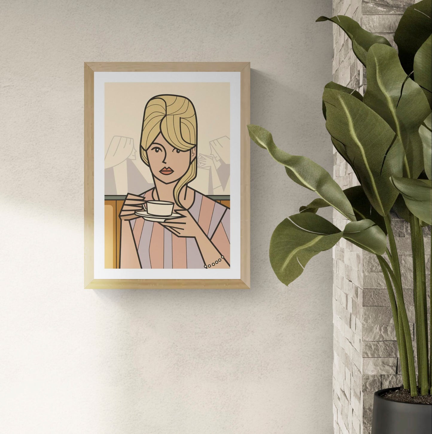 A3 art print “Dreaming of…” by Floor 4 Productions, minimal café scene with soft tones, calm contemporary wall art for modern interiors.