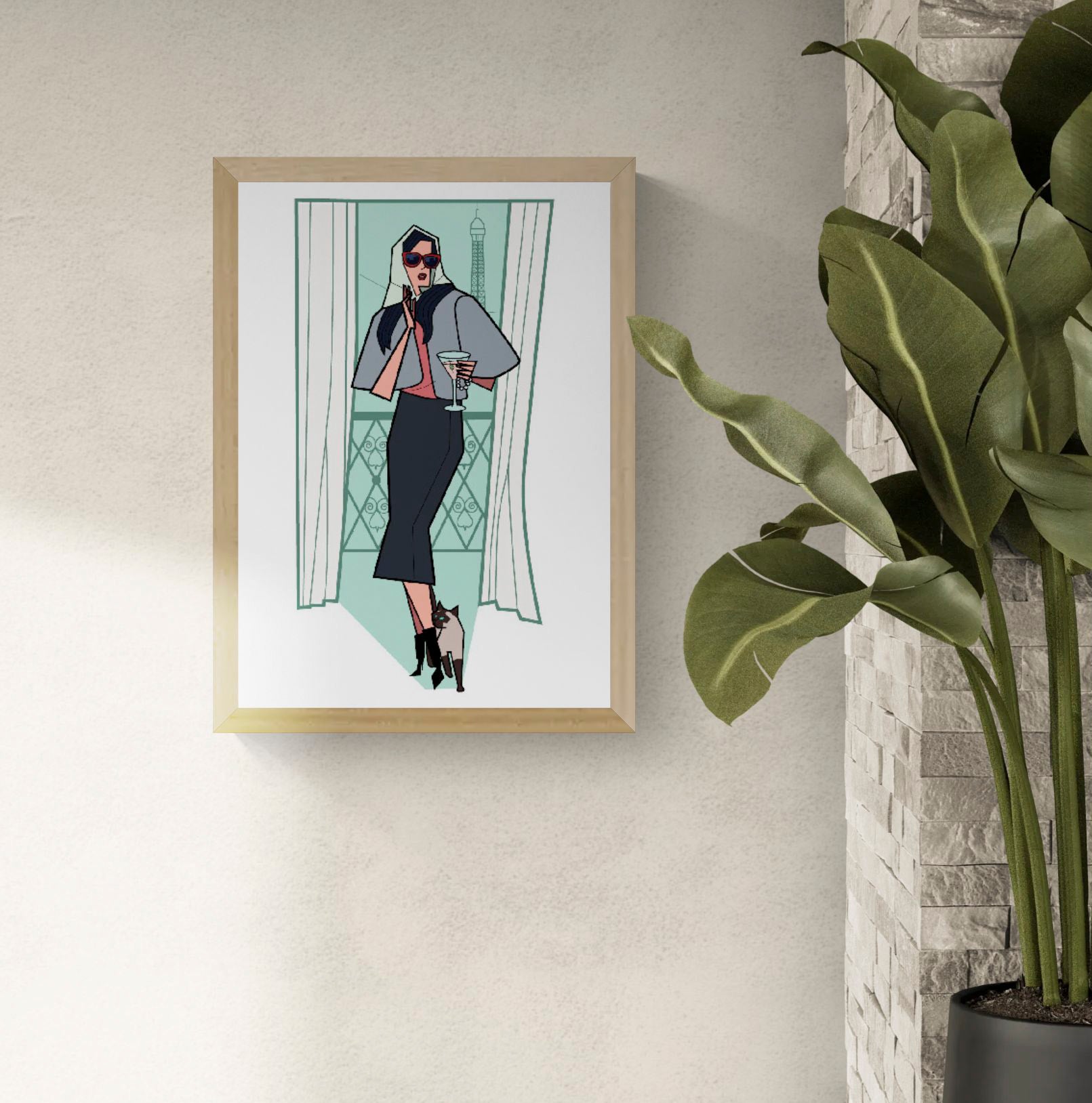 Illustration of a stylish woman in sunglasses holding a cocktail on a Paris balcony with the Eiffel Tower behind her, accompanied by a Siamese cat at her feet; modern geometric style, soft pastel tones, A4/A3 art print by Floor 4 Productions; perfect for chic home décor and contemporary wall art.