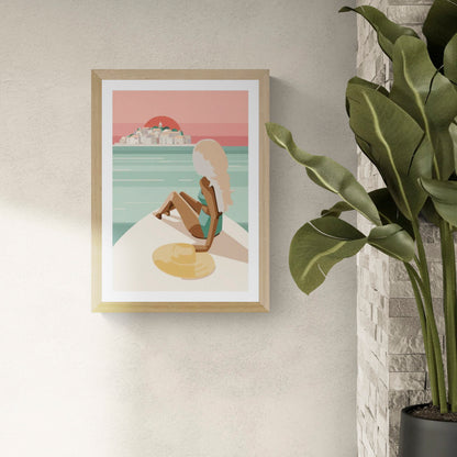 Minimalist beach illustration art print titled "Island in the Sun" by Floor 4 Productions, featuring a blonde woman on a boat gazing at an island sunset, in retro pastel tones – A3 wall art made in Belgium.