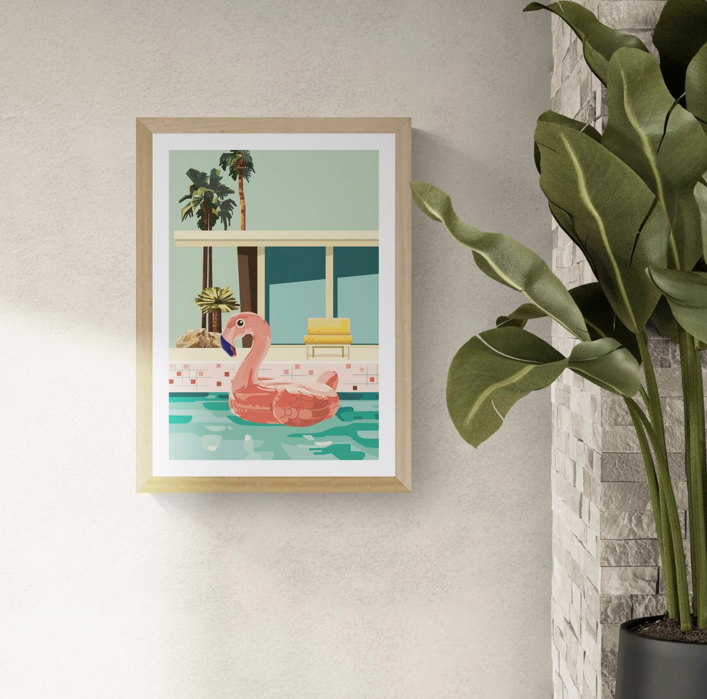 Colourful vertical digital art print showing a large pink flamingo pool float in turquoise water, surrounded by palm trees and retro architecture, ideal for playful living room or bedroom decor.