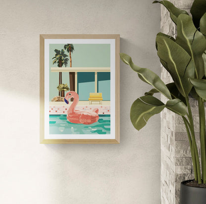 Colourful vertical digital art print showing a large pink flamingo pool float in turquoise water, surrounded by palm trees and retro architecture, ideal for playful living room or bedroom decor.