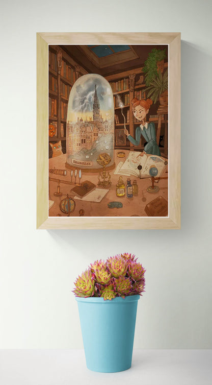School of Magic by Lena Yampolski featuring a young witch in a magical library filled with books, potions, celestial objects and a Brussels cityscape under a glass dome. Warm fantasy illustration in earthy tones, vertical giclée wall art for cozy home decor.