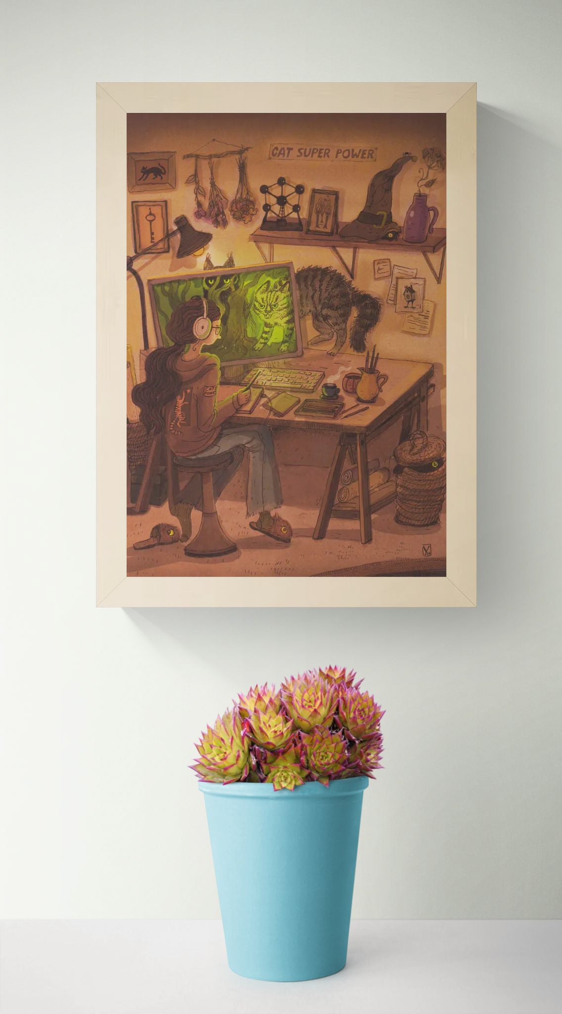 Whimsical Cyber Cats art print by Lena Yampolski featuring a creative workspace, magical cats, computer screen, warm earthy tones, fantasy illustration style, vertical giclée wall art for home office decor.