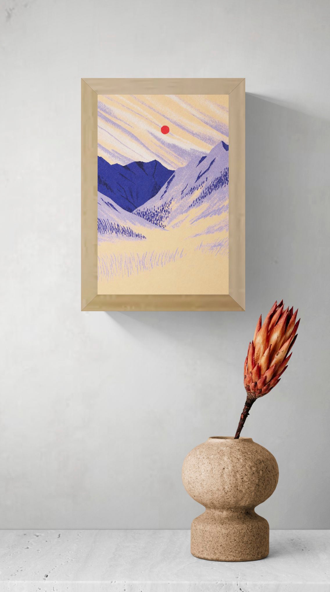 Vertical giclée art print of a peaceful mountain meadow by Linde Raats, featuring layered purple peaks, textured cream slopes and a bright red sun, ideal for modern bedroom or living room wall decor.