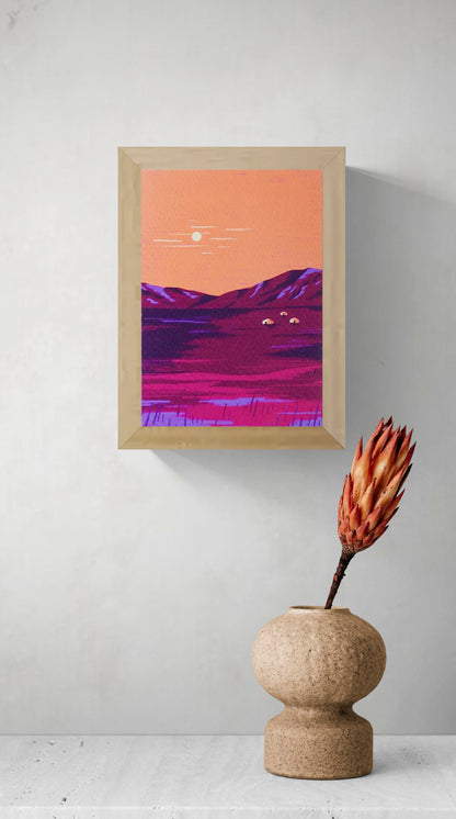 Vertical Mongolia art print by Linde Raats, showing purple mountains, three small cabins and a pale sun in coral, pink and violet tones; A6 giclée wall art.