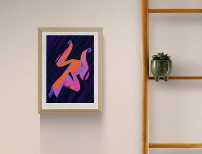 Funky Monkey by Linde Raats, vertical A4 giclée print of an orange and pink monkey swinging through a dark purple jungle, playful wall art for modern home decor.