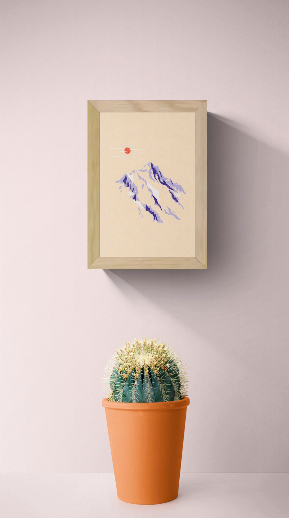 Mountain Sketch by Linde Raats, a vertical A6 giclée print of purple mountain peaks beneath a small red sun on textured cream paper, ideal for calm modern wall decor.