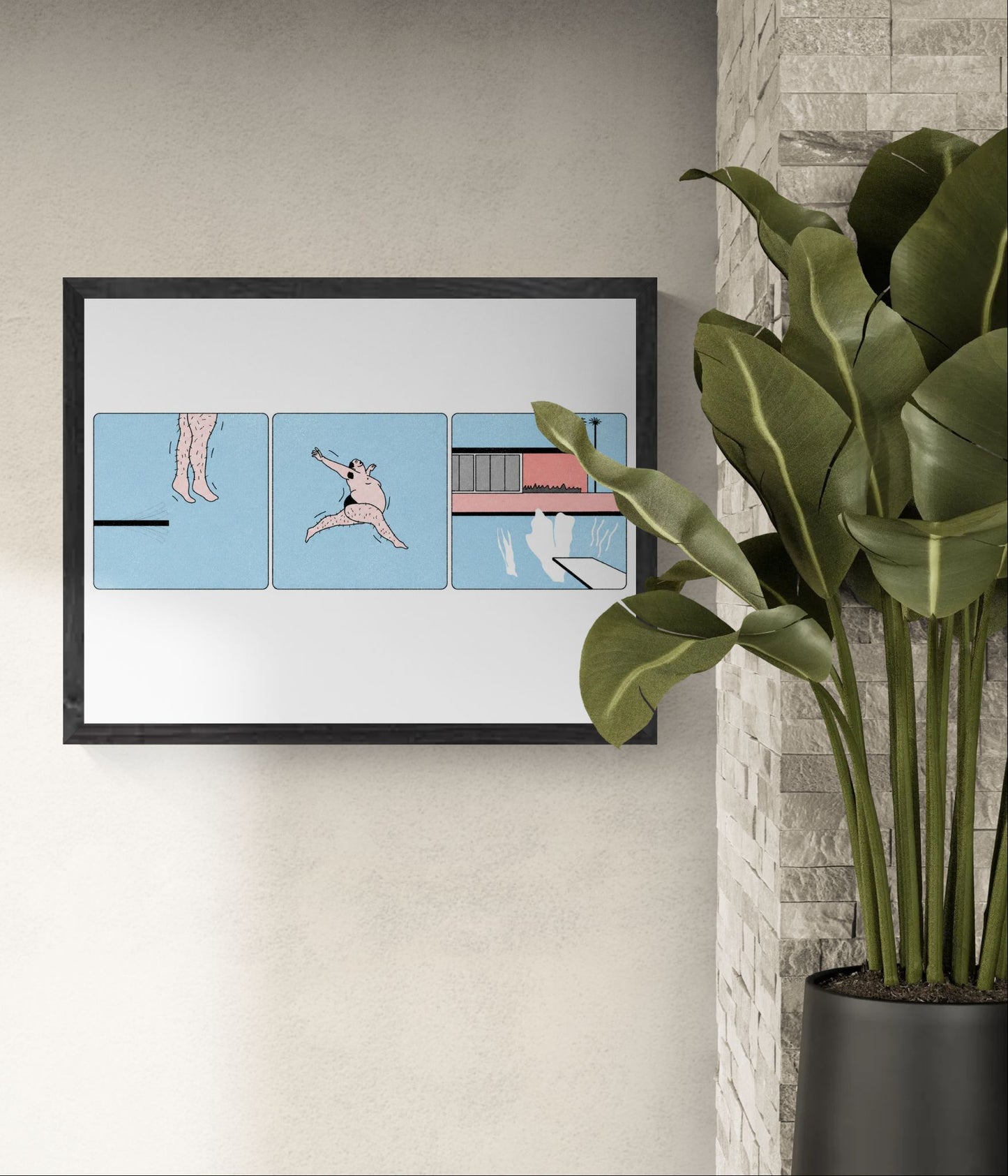 Limited-edition risograph print showing a humorous three-panel diving sequence by Studio Stoutpoep, featuring a playful swimmer, pastel blue background, bold graphic lines, and retro comic-inspired design for modern home decor.