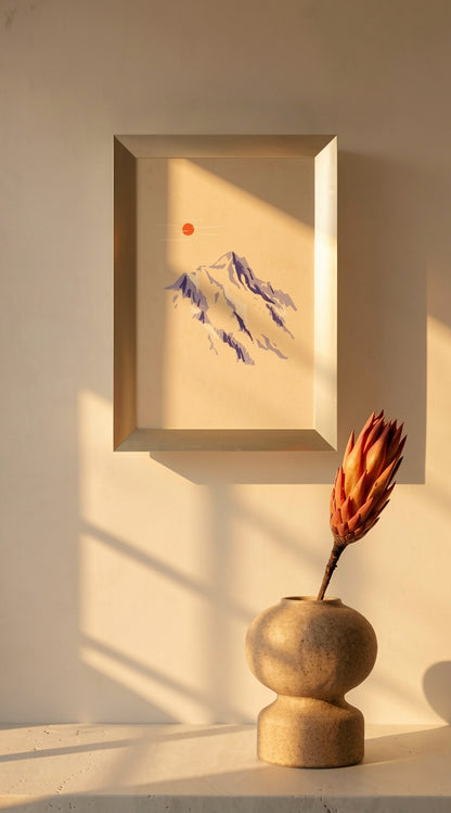 Mountain Sketch by Linde Raats, a vertical A6 giclée print of purple mountain peaks beneath a small red sun on textured cream paper, ideal for calm modern wall decor.