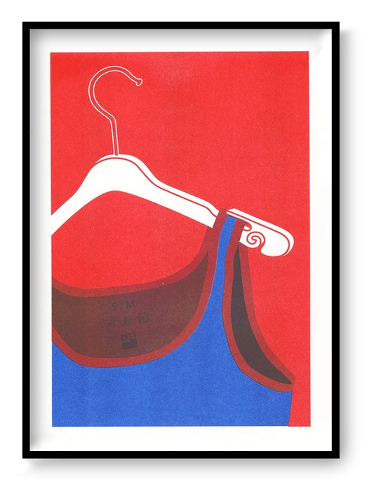 Risograph art print of a white coat hanger with a blue tank top by VrijFormaat. Minimalist red and blue composition celebrating everyday objects in bold graphic style. Perfect wall art for modern homes and design enthusiasts.