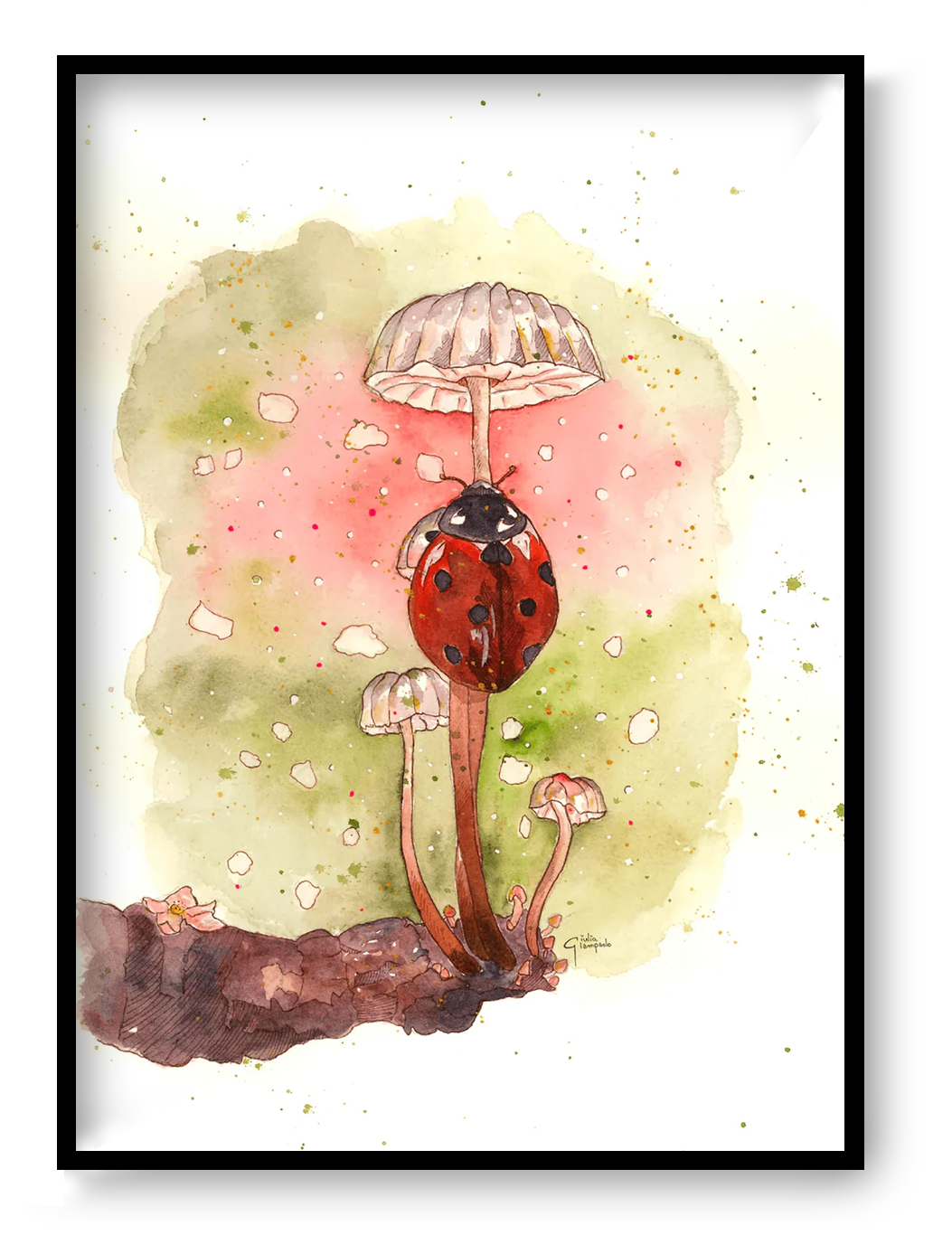 Watercolor illustration of a ladybug with soft colours, minimalist nature art print by Giu Watercolor