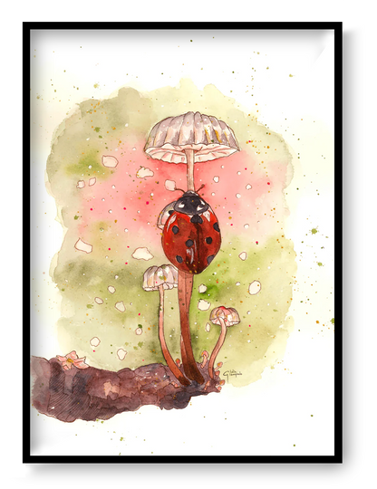 Watercolor illustration of a ladybug with soft colours, minimalist nature art print by Giu Watercolor