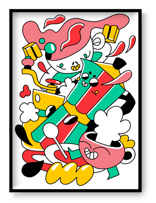 Colorful limited edition A3 risograph print titled “Coffee Rally” by Belgian artist Auwnanas, featuring playful cartoon characters, bold red, yellow, green and black shapes, dynamic coffee-themed elements, and energetic movement; modern quirky wall art for design lovers.