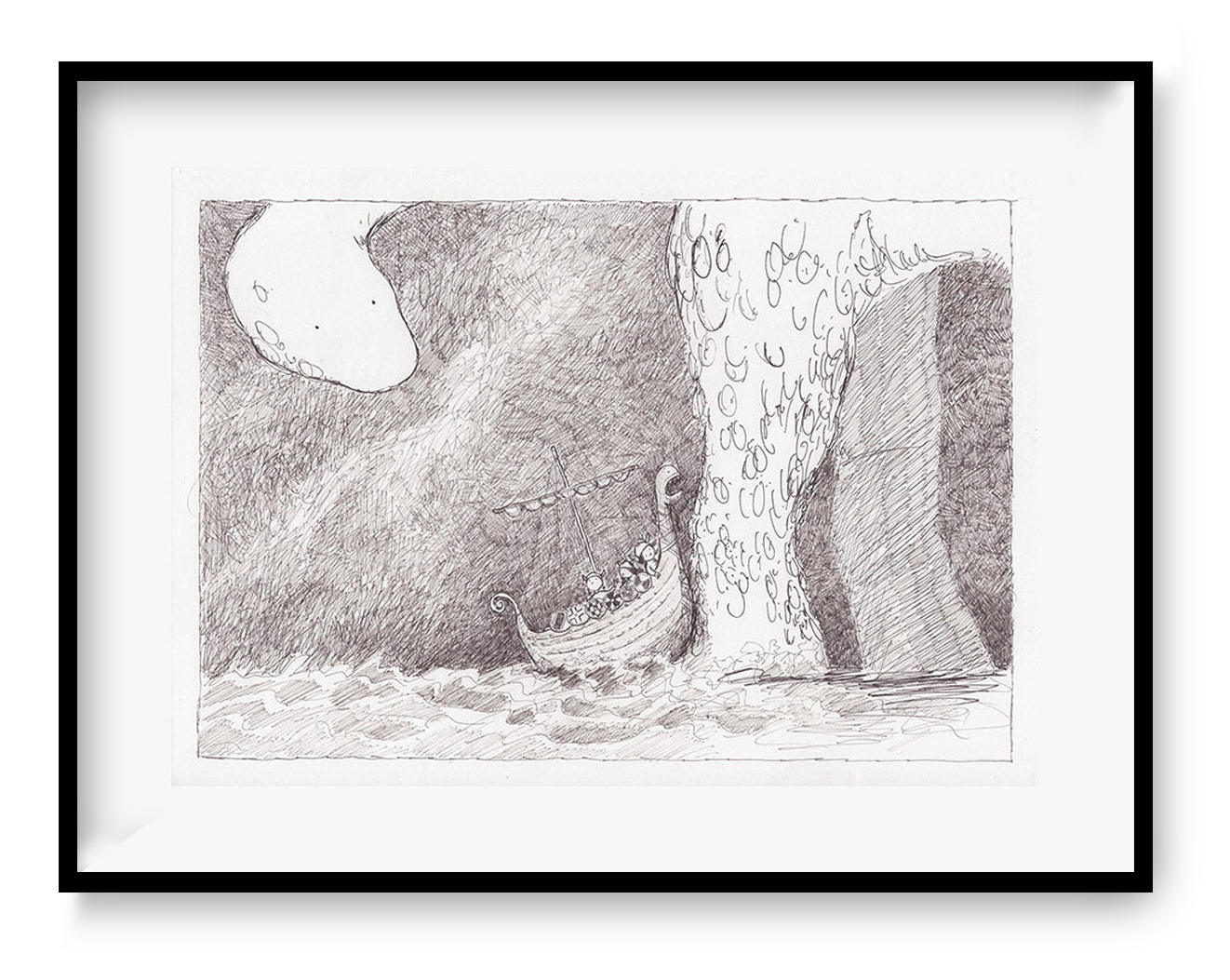 Black and white giclée art print by Willy Leung featuring a detailed drawing of a small boat sailing towards an enormous sea creature, with textured waves and a whimsical fantasy atmosphere – 30 x 40 cm fine art print.
