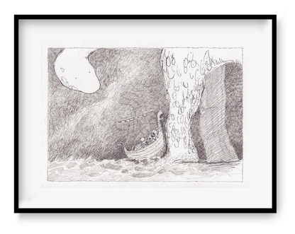 Black and white giclée art print by Willy Leung featuring a detailed drawing of a small boat sailing towards an enormous sea creature, with textured waves and a whimsical fantasy atmosphere – 30 x 40 cm fine art print.