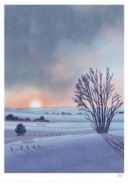 Collines art print by French illustrator Victor Pellet, 29.7 x 42 cm A3 risograph print in 4 colors, depicting a peaceful winter landscape at sunset with snow-covered hills and bare trees, printed on 150g Munken Print White paper, made in Belgium, unframed, packaged with protective sleeve and cardboard backing.