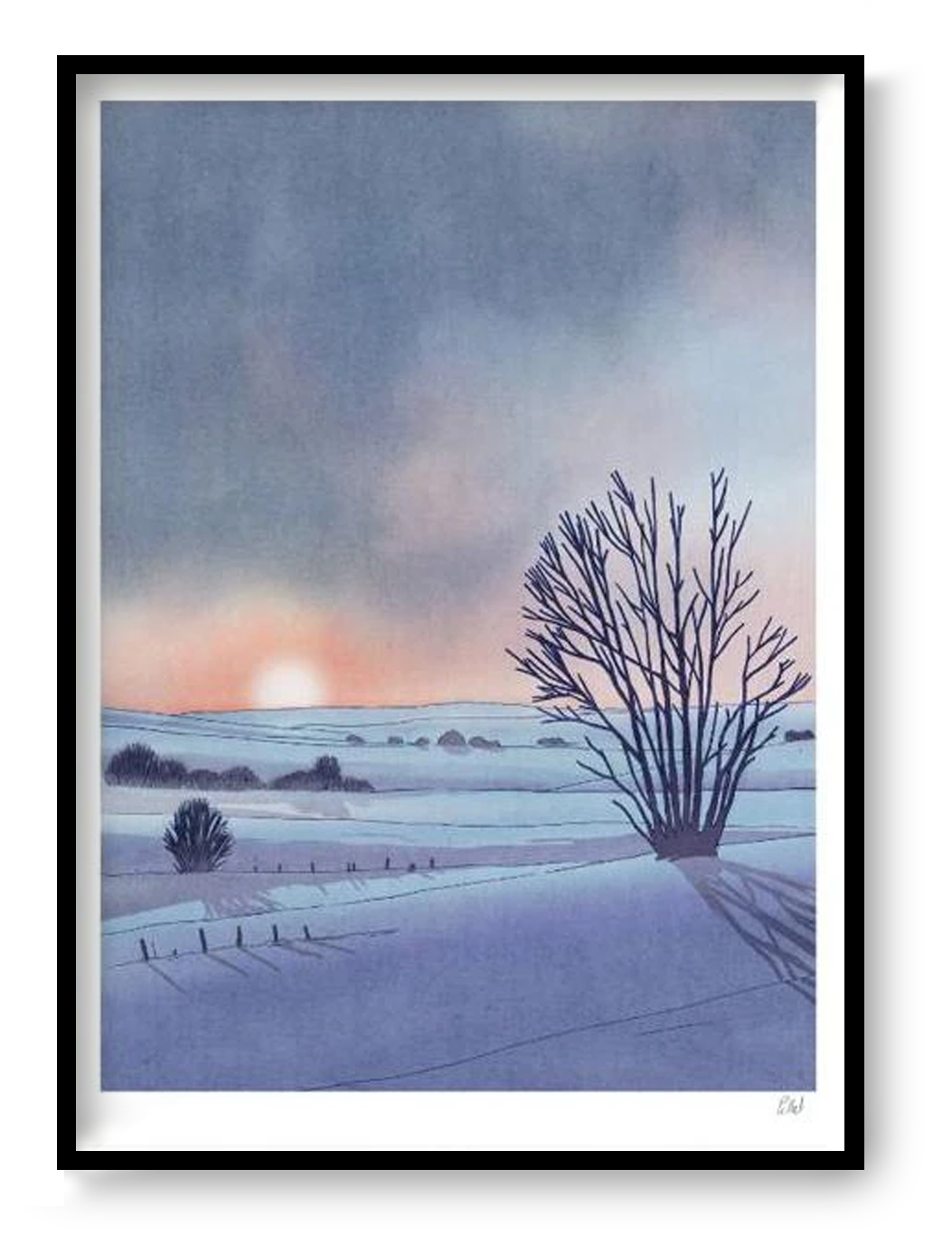 Collines art print by French illustrator Victor Pellet, 29.7 x 42 cm A3 risograph print in 4 colors, depicting a peaceful winter landscape at sunset with snow-covered hills and bare trees, printed on 150g Munken Print White paper, made in Belgium, unframed, packaged with protective sleeve and cardboard backing.