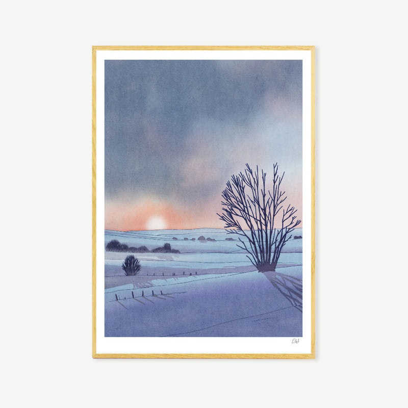 Collines art print by French illustrator Victor Pellet, 29.7 x 42 cm A3 risograph print in 4 colors, depicting a peaceful winter landscape at sunset with snow-covered hills and bare trees, printed on 150g Munken Print White paper, made in Belgium, unframed, packaged with protective sleeve and cardboard backing.