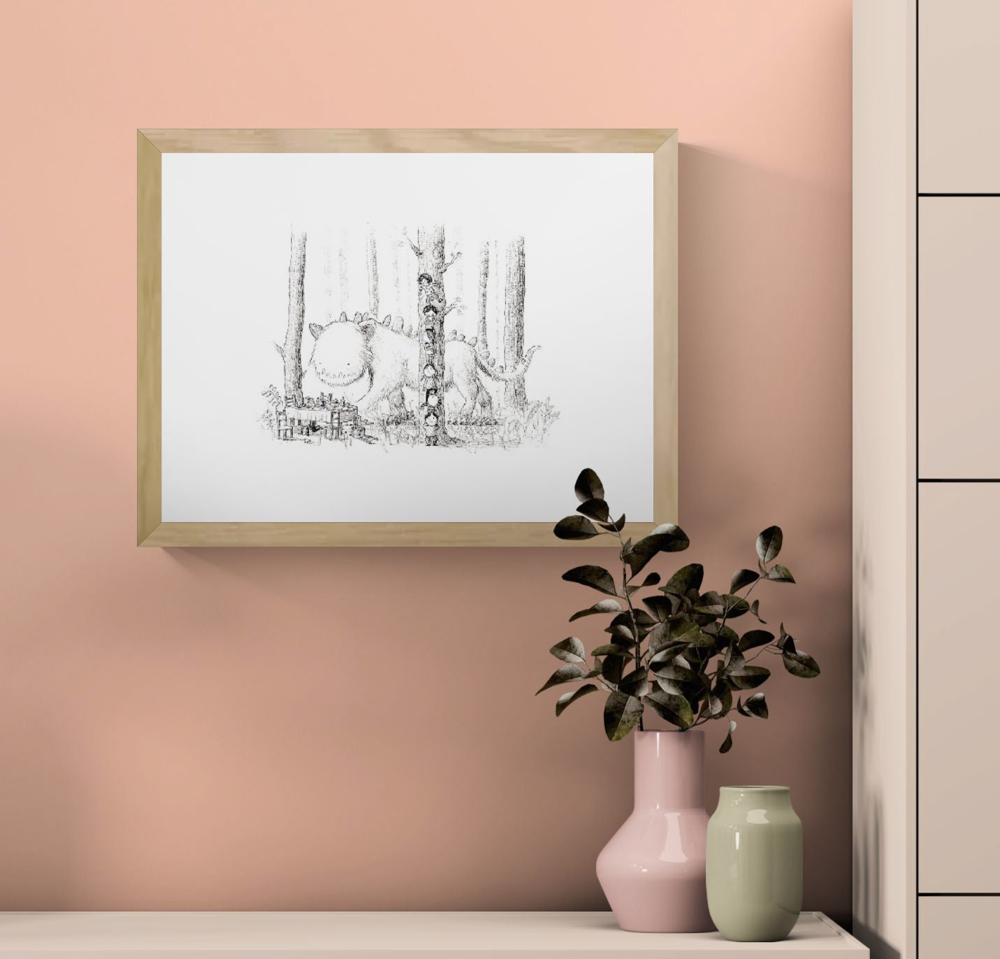 Black and white art print showing children hiding behind a tree while a friendly monster walks through a forest, illustrated by Willy Leung.