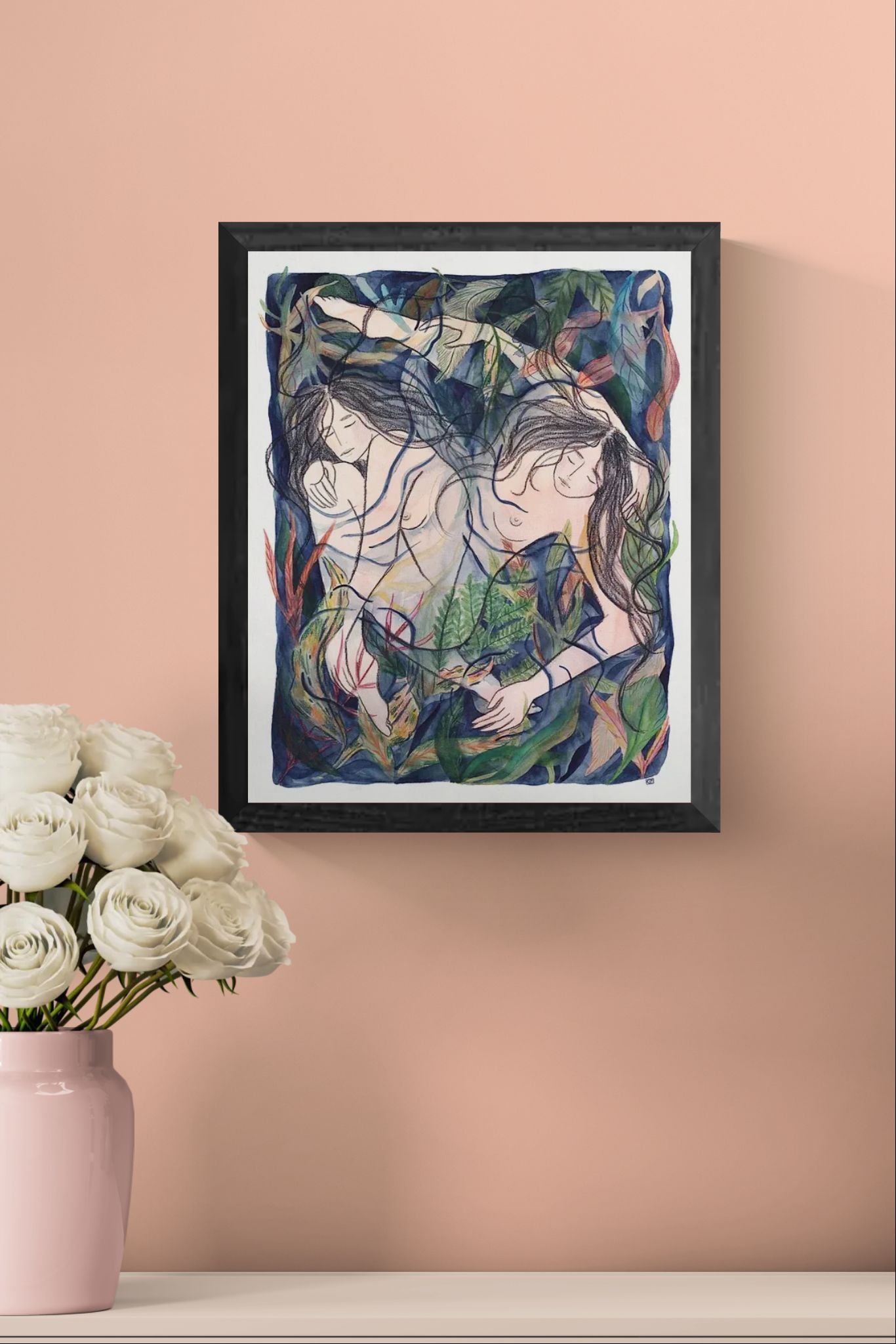 Art print “Entangled” by Kim Timmermans, watercolor and pencil illustration of intertwined female figures and plants, intimate contemporary wall art.