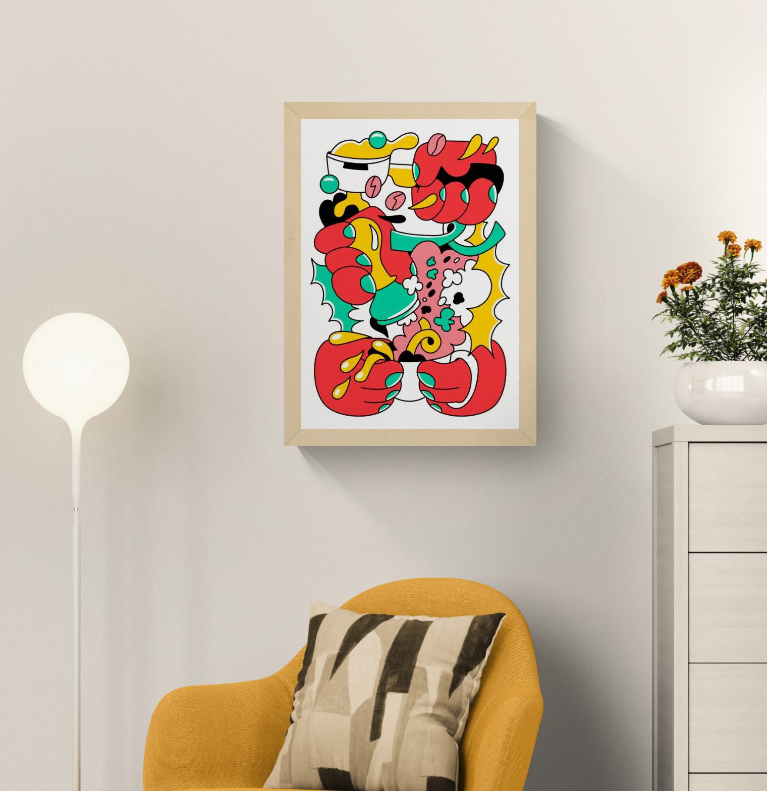 Vibrant risograph illustration “Stamp Stamp” by Auwnanas, featuring bold red, yellow, green, and pink abstract shapes with dynamic movement and playful cartoon energy. Limited edition A3 art print perfect for modern interiors, design lovers, and collectors of colourful contemporary wall art.