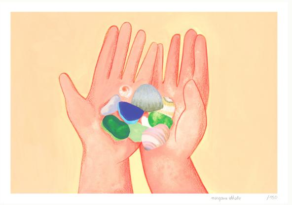 Coquillages by French illustrator Margaux Othats, A3 (29.7 x 42 cm) risograph print in delicate pastel colors. The artwork shows two hands holding seashells and sea glass, evoking summer memories and tenderness. Printed on 150g Munken Print White paper, limited edition of 150 signed and numbered copies, made in Belgium, unframed, packaged with protective sleeve and cardboard backing.