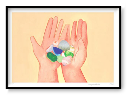 Coquillages by French illustrator Margaux Othats, A3 (29.7 x 42 cm) risograph print in delicate pastel colors. The artwork shows two hands holding seashells and sea glass, evoking summer memories and tenderness. Printed on 150g Munken Print White paper, limited edition of 150 signed and numbered copies, made in Belgium, unframed, packaged with protective sleeve and cardboard backing.