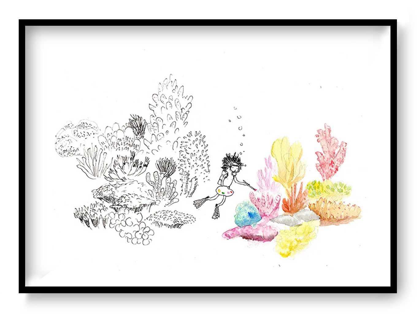 Giclée art print “Coral” by Willy Leung, A4 underwater illustration with soft watercolor tones, calm minimalist wall art for modern home decor.
