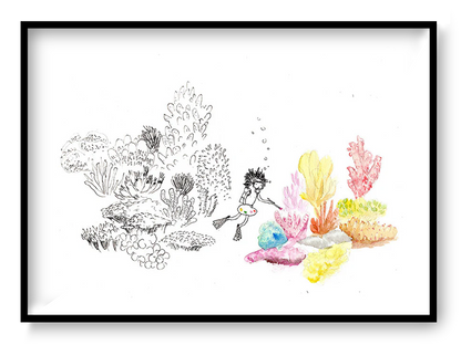 Giclée art print “Coral” by Willy Leung, A4 underwater illustration with soft watercolor tones, calm minimalist wall art for modern home decor.
