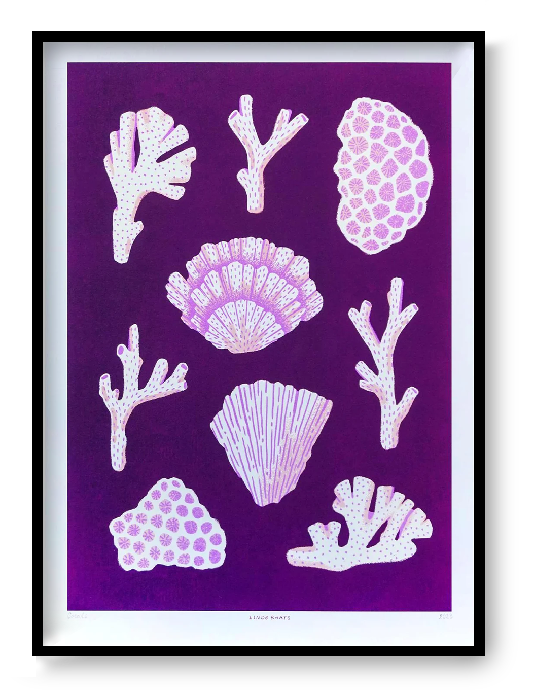 A3 giclée art print “Corals” by Linde Raats, pink coral shapes on a purple background, bold ocean-inspired wall art for modern home decor.