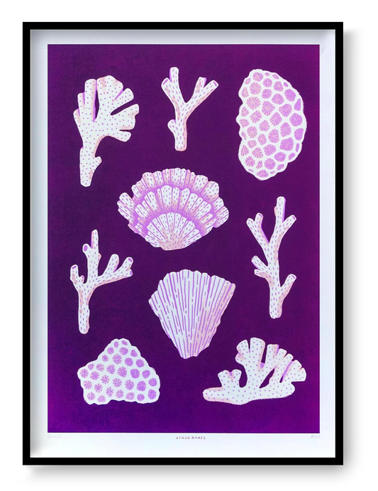 A3 giclée art print “Corals” by Linde Raats, pink coral shapes on a purple background, bold ocean-inspired wall art for modern home decor.