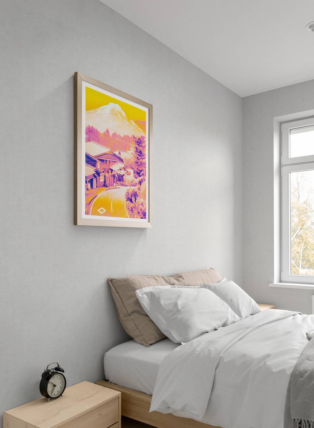 Japanese collage risograph print by PTRVRKD featuring a vibrant Fuji landscape in neon yellow and pink tones; A3 limited-edition artwork on Munken Pure Rough paper; modern Japan-inspired wall art for home decor, design lovers, and contemporary art collectors.