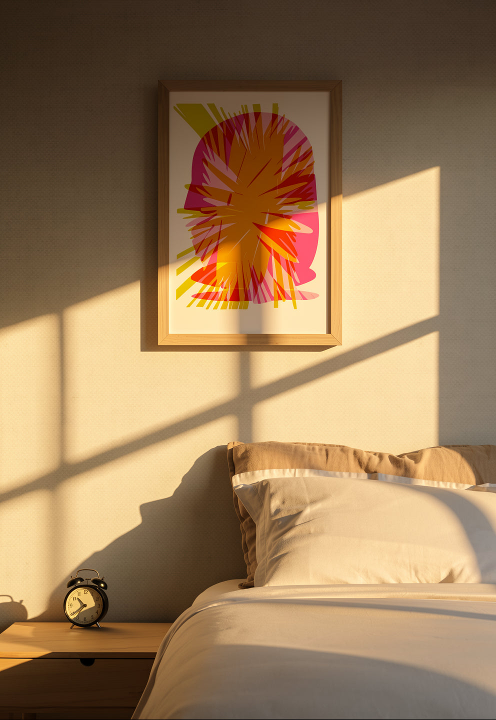 Abstract A3 risograph art print by PTRVRKD featuring vibrant layers of orange, pink, and yellow with bold, graphic explosion design – limited edition, handprinted in the Netherlands