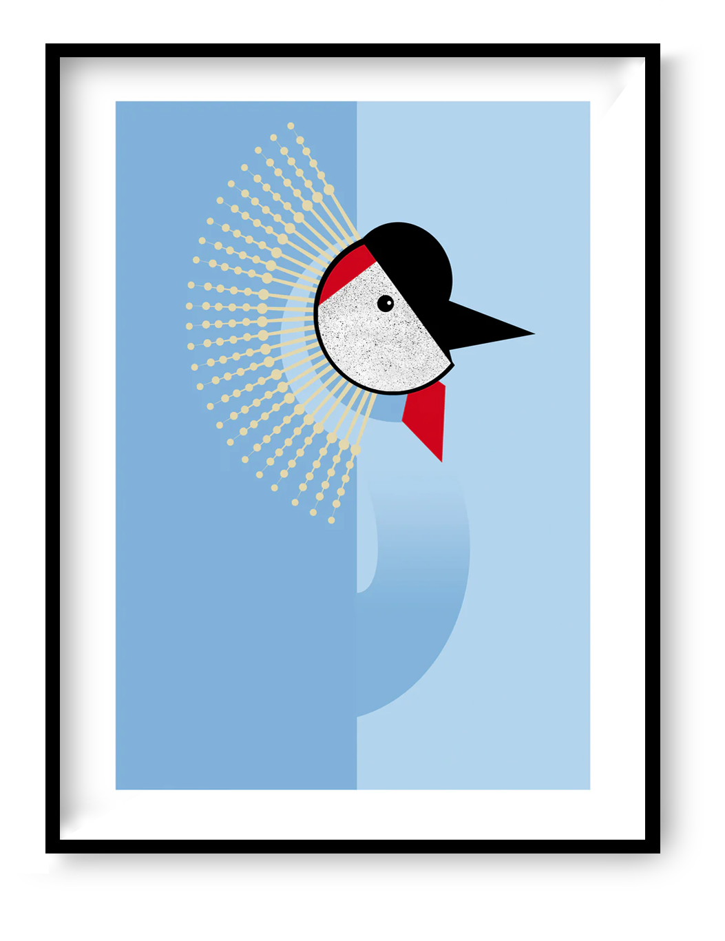 Art print “Crane” by Studio Frits, 30x40 cm graphic bird illustration with geometric sunburst on blue background, minimalist wall art for modern interiors.
