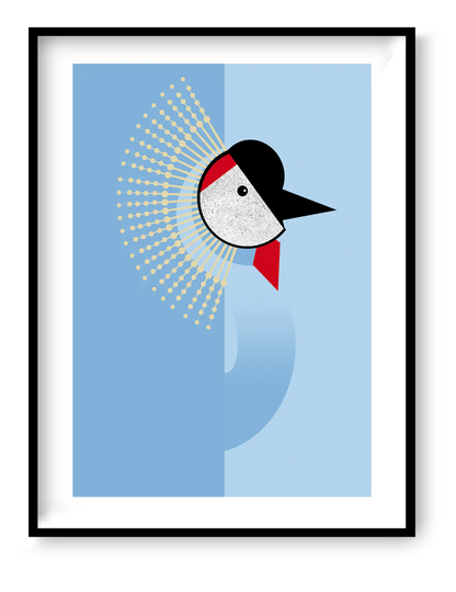 Art print “Crane” by Studio Frits, 30x40 cm graphic bird illustration with geometric sunburst on blue background, minimalist wall art for modern interiors.