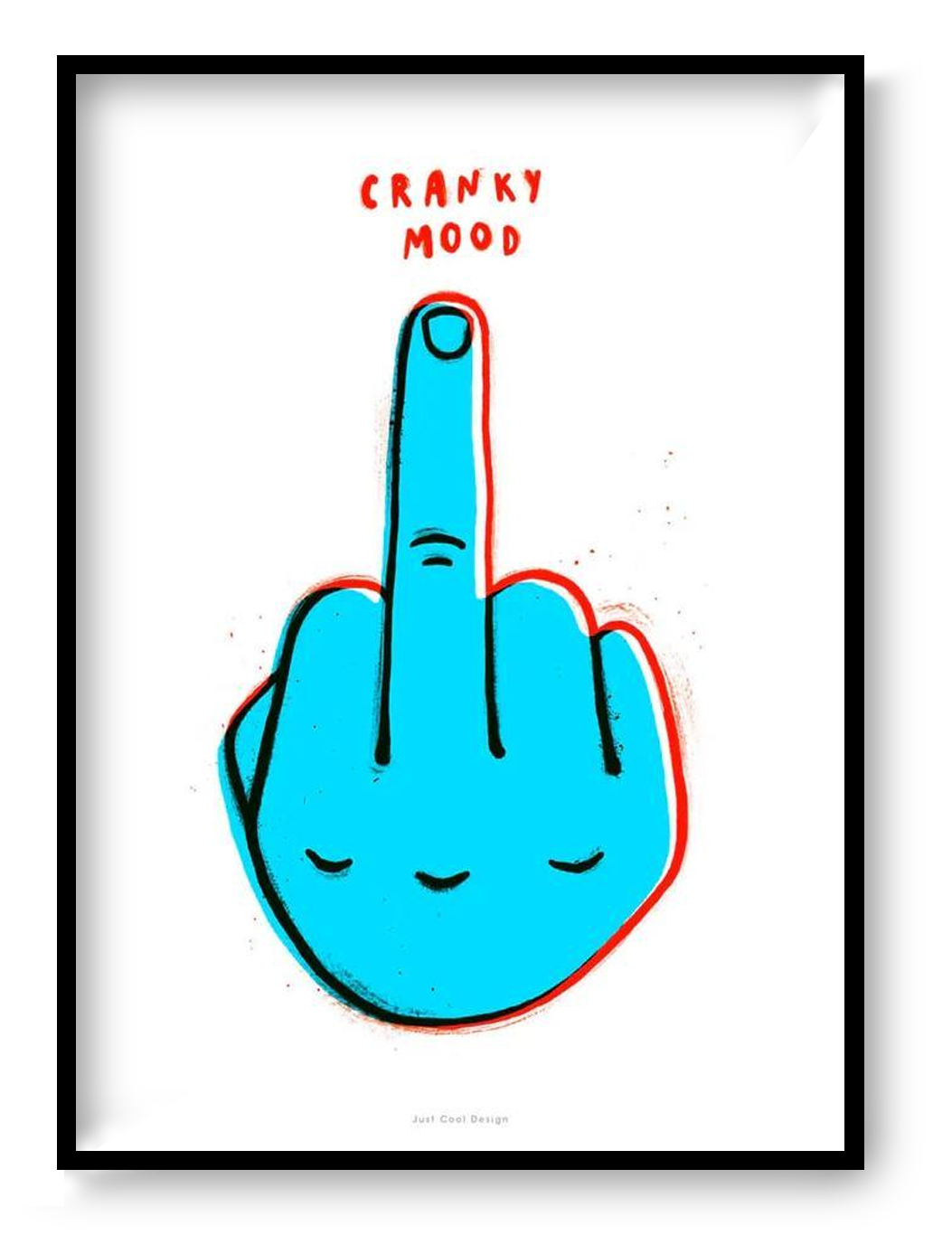 A4 giclée art print “Cranky Mood” by Just Cool Design, bold blue graphic illustration with humorous pop art style, modern wall art for playful interiors.