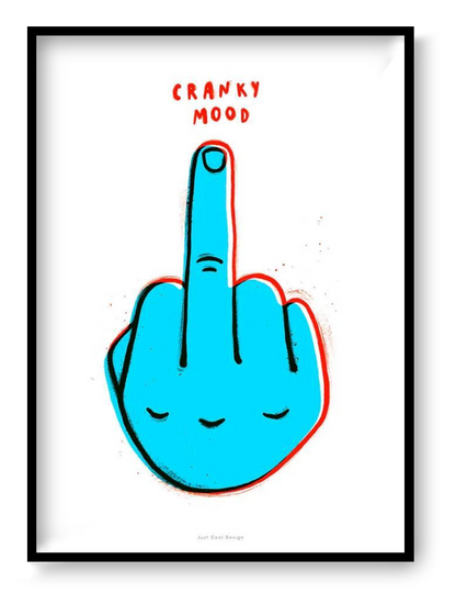 A4 giclée art print “Cranky Mood” by Just Cool Design, bold blue graphic illustration with humorous pop art style, modern wall art for playful interiors.