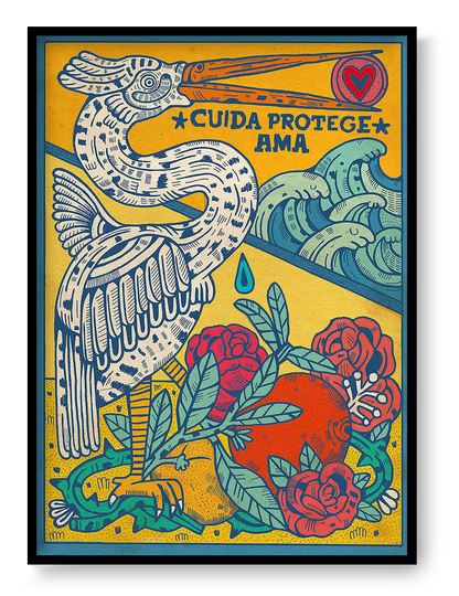 A3 art print “Cuida, protege, ama” by Asis Percales, colorful symbolic illustration in tattoo and circus style, bold wall art for expressive modern interiors.
