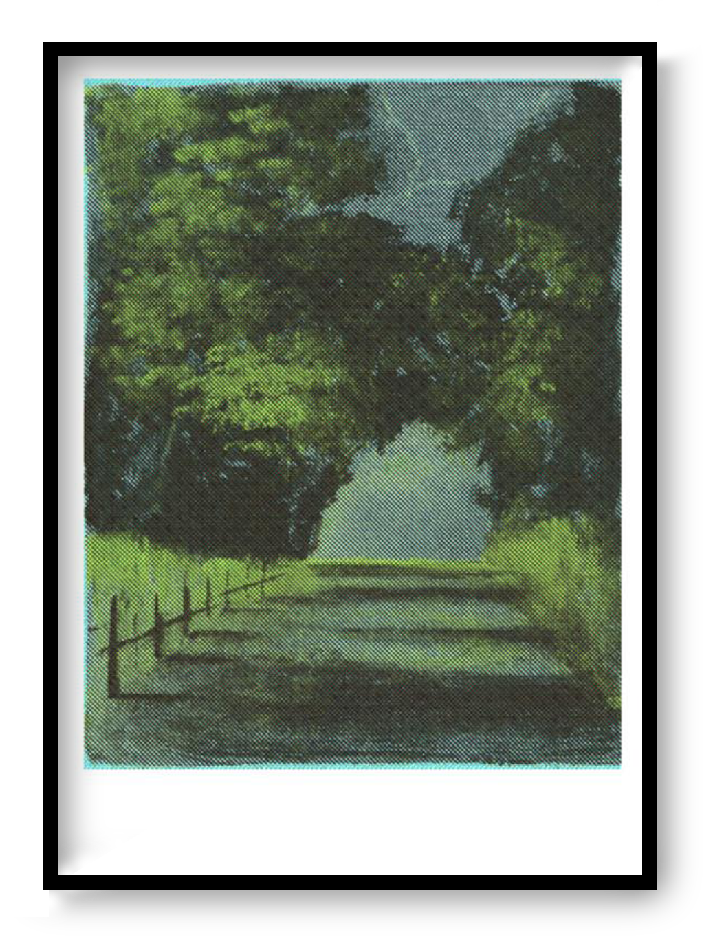 A3 risograph art print “D942” by Nattosito, nostalgic countryside landscape with soft tones and textured layers, poetic wall art for modern interiors.