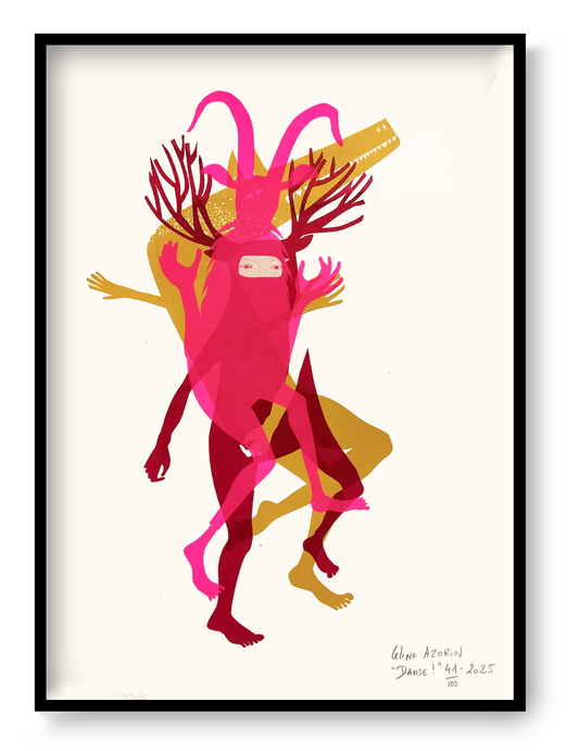 A3 handprinted screen print “DANSE – 41” by Céline Azorin, graphic dance composition with fluorescent pink ink, unique contemporary wall art.
