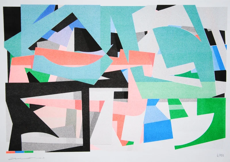 Colorful abstract risograph print by French artist Chufy titled Carré rond, featuring overlapping geometric shapes in green, blue, pink, and black tones. Limited edition A3 art print on Munken Print White 150g paper — modern wall art for design and color lovers.