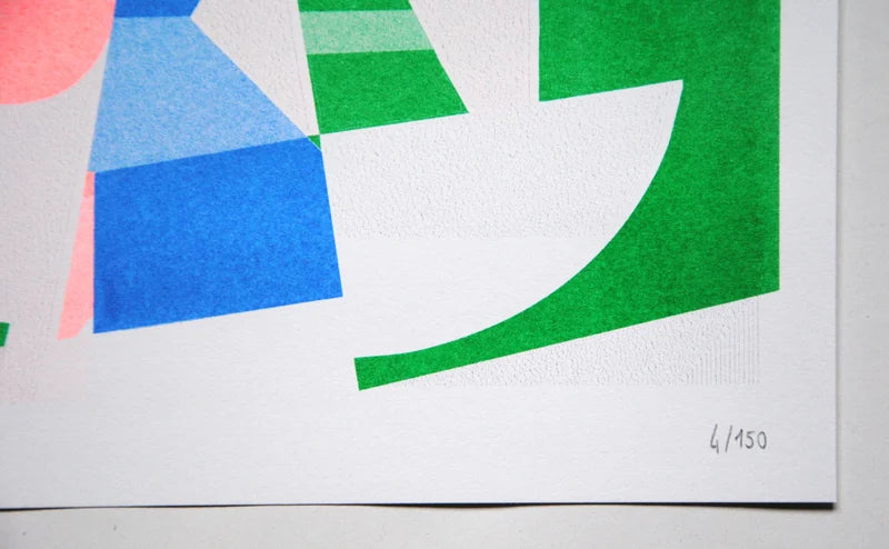 Colorful abstract risograph print by French artist Chufy titled Carré rond, featuring overlapping geometric shapes in green, blue, pink, and black tones. Limited edition A3 art print on Munken Print White 150g paper — modern wall art for design and color lovers.