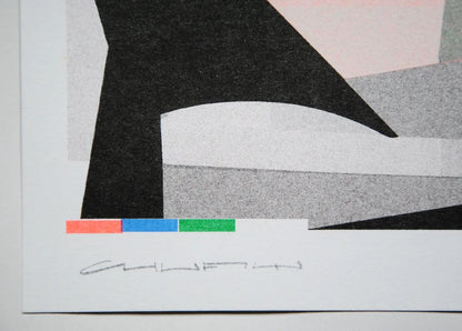 Colorful abstract risograph print by French artist Chufy titled Carré rond, featuring overlapping geometric shapes in green, blue, pink, and black tones. Limited edition A3 art print on Munken Print White 150g paper — modern wall art for design and color lovers.
